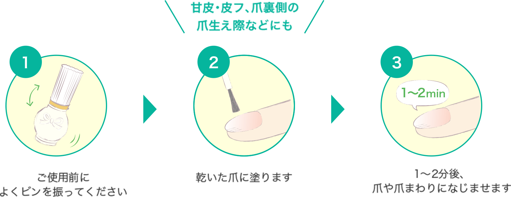 甘皮・皮フ、爪裏側の爪生え際などにも 1 ご使用前によくビンを振ってください 2 乾いた爪に塗ります 3 1～2分後、爪や爪まわりになじませます